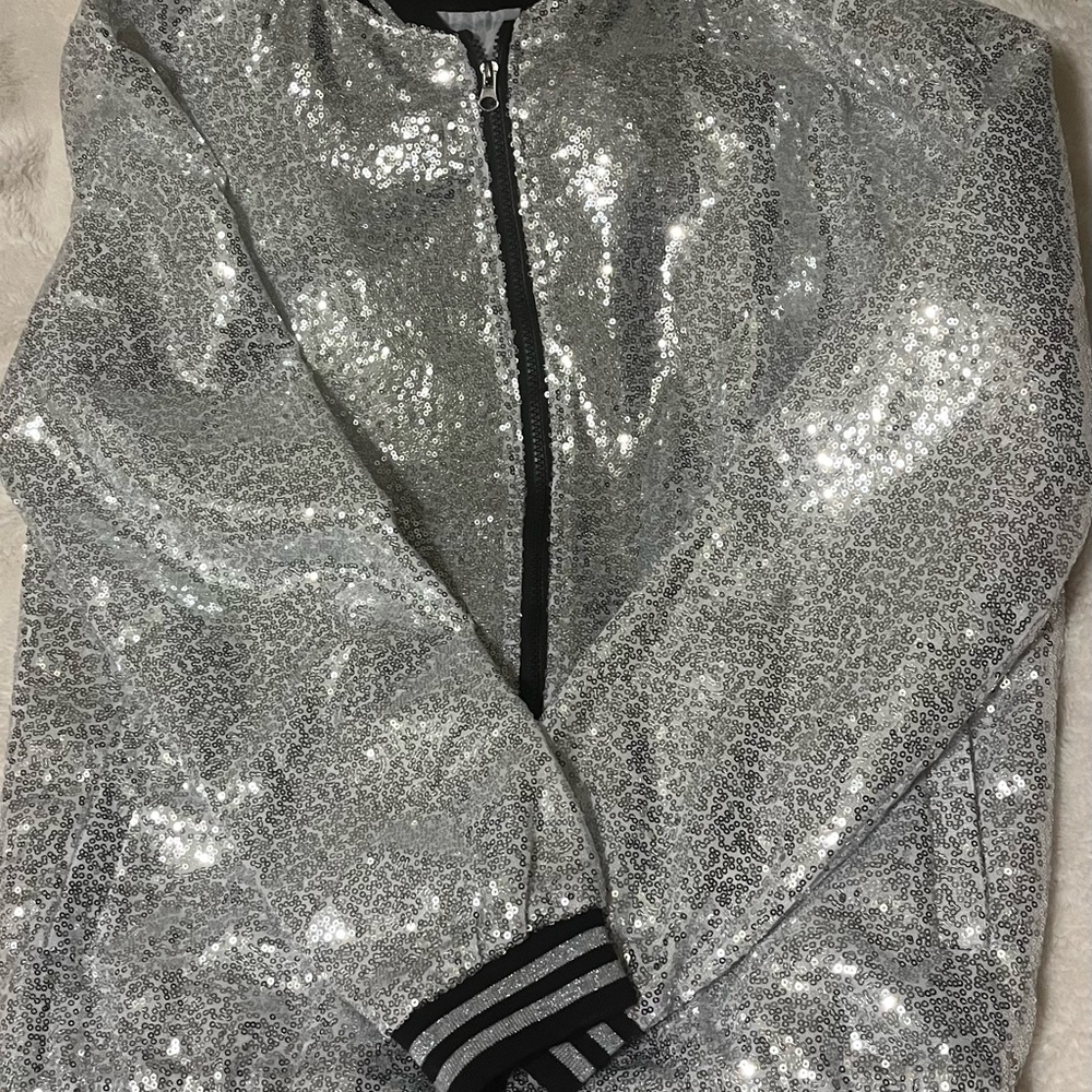 Women’s Sequined Lightweight bomber jacket- silver- 97% polyester